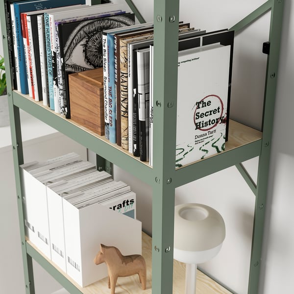 BROR shelving unit, grey-green/pine plywood, 85x40x190 cm