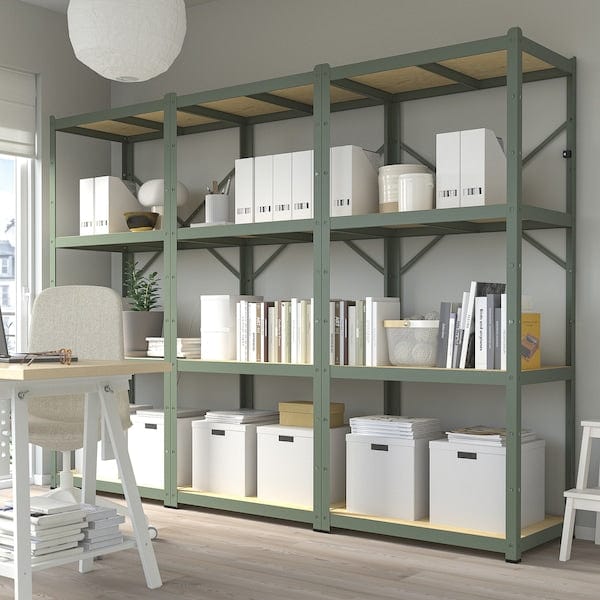 Ikea BROR - Shelving unit, grey-green/pine plywood, 254x55x190 cm