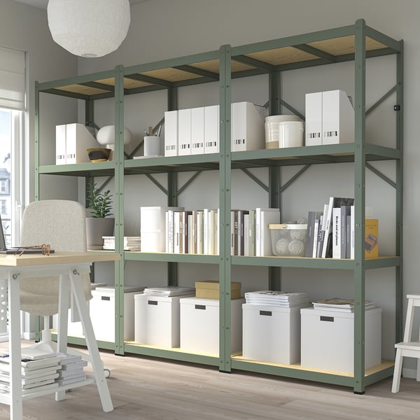 BROR shelving unit, grey-green/pine plywood, 254x55x190 cm