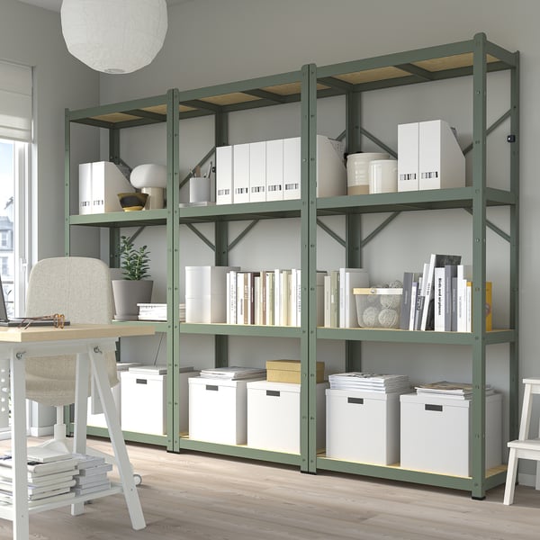 BROR shelving unit, grey-green/pine plywood, 254x40x190 cm
