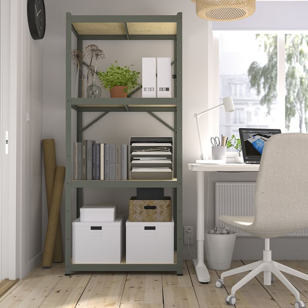 BROR shelving unit, grey-green/pine plywood, 85x55x190 cm