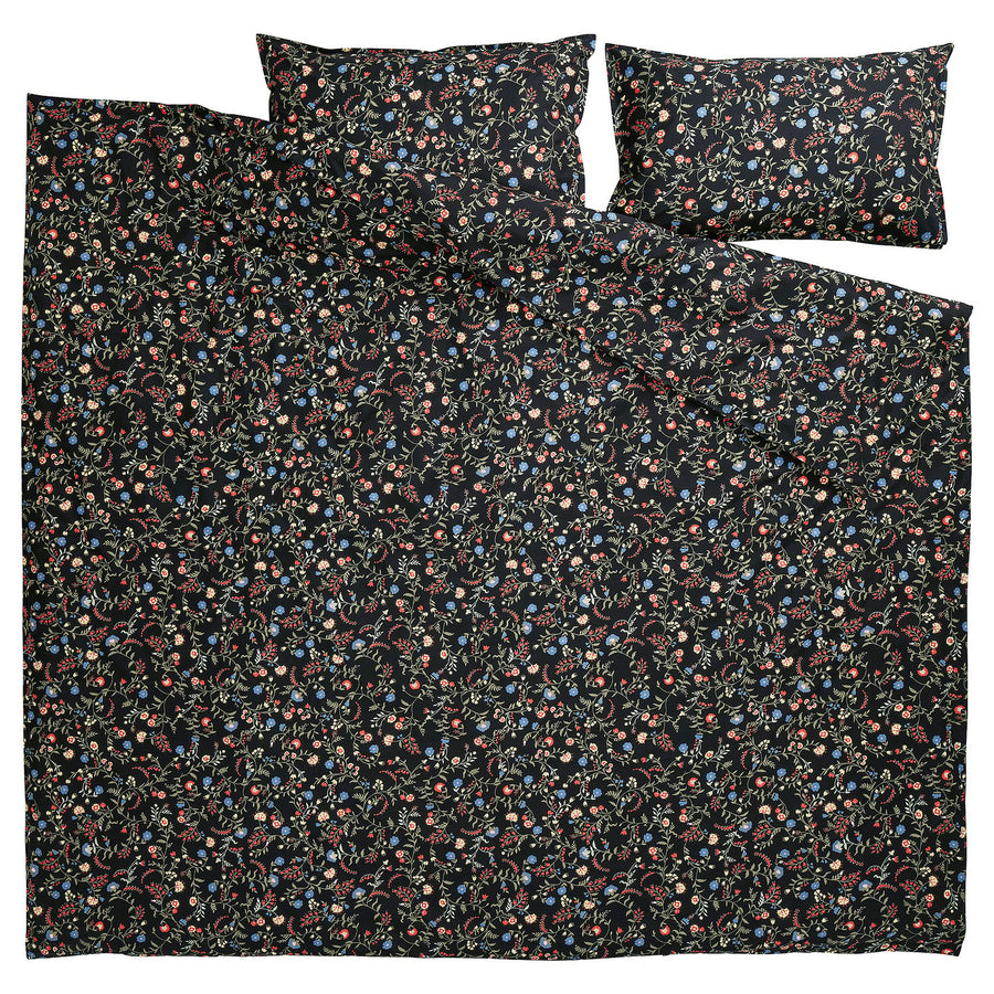 BRUDKRUSBÄR duvet cover and 2 pillowcases, black multicolour/floral pattern, 240x220/50x80 cm
