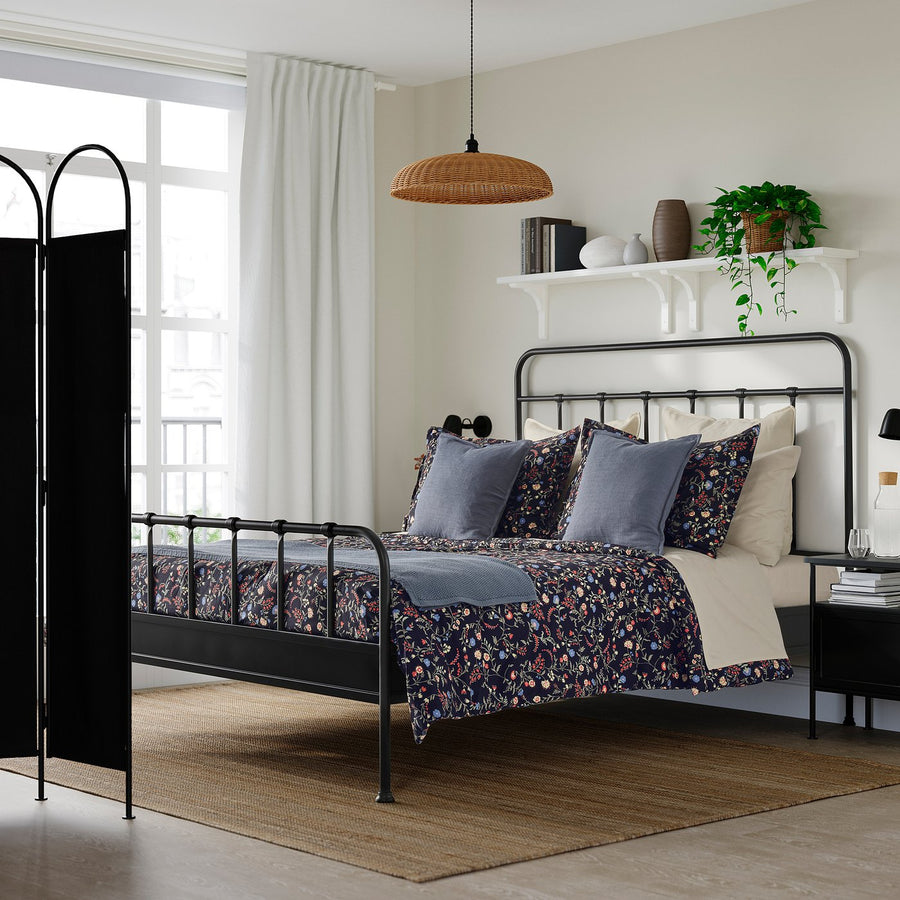 BRUDKRUSBÄR comforter set, black/floral pattern, 240x220/50x80 cm