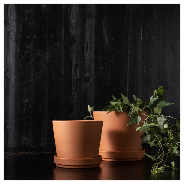 BRUNBÄR plant pot with saucer, outdoor terracotta, 15 cm
