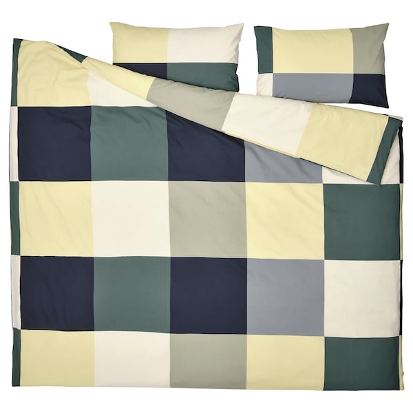 BRUNKRISSLA duvet cover and 2 pillowcases, green/multicolour, 200x200/50x80 cm