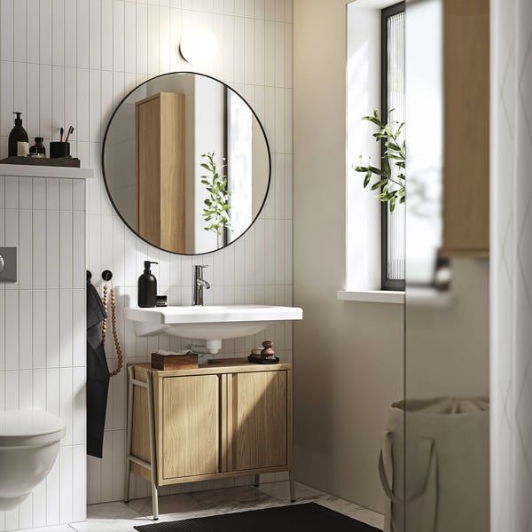 BYASJÖN wash-basin base cabinet, with doors oak effect, 66x37x59 cm