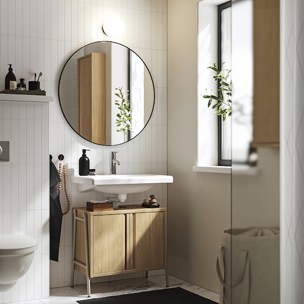 BYASJÖN / TVÄLLEN wash-stnd w doors/wash-basin/tap, oak effect, 66x37x59 cm