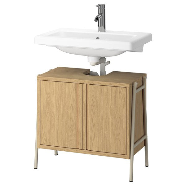 BYASJÖN / TVÄLLEN wash-stnd w doors/wash-basin/tap, oak effect, 66x37x59 cm