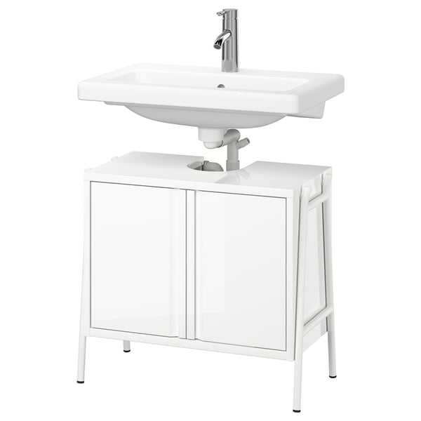 BYASJÖN / TVÄLLEN wash-stnd w doors/wash-basin/tap, high-gloss white, 66x37x59 cm