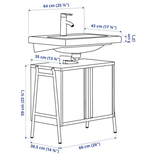 BYASJÖN / TVÄLLEN wash-stnd w doors/wash-basin/tap, high-gloss white, 66x37x59 cm