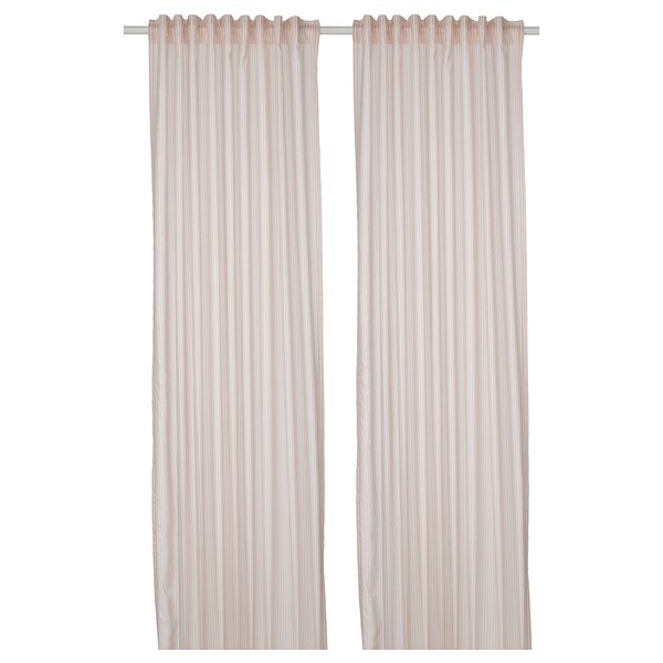 BYMOTT curtains, 1 pair, white/beige striped/with heading tape, 120x300 cm