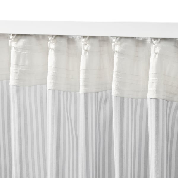BYMOTT curtains, 1 pair, white/light grey striped/with heading tape, 120x300 cm