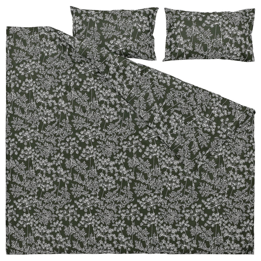 DAGGBJÖRNBÄR duvet cover and 2 pillowcases, dark green/floral pattern, 240x220/50x80 cm