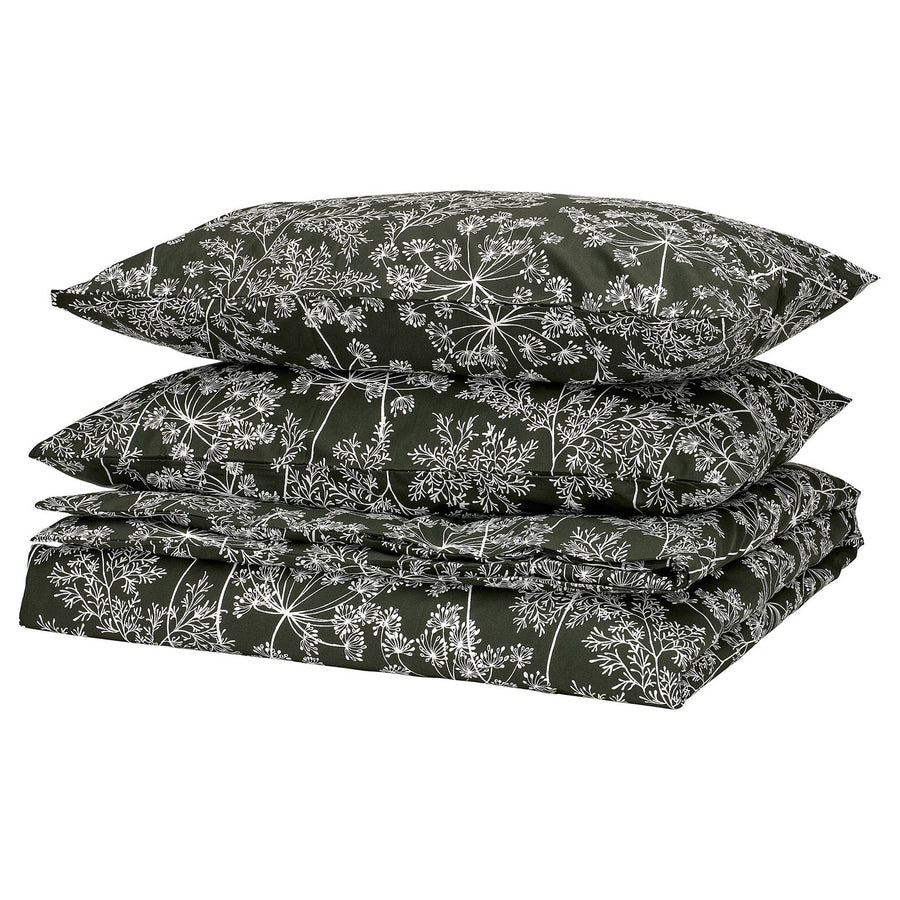 DAGGBJÖRNBÄR duvet cover and 2 pillowcases, dark green/floral pattern, 240x220/50x80 cm