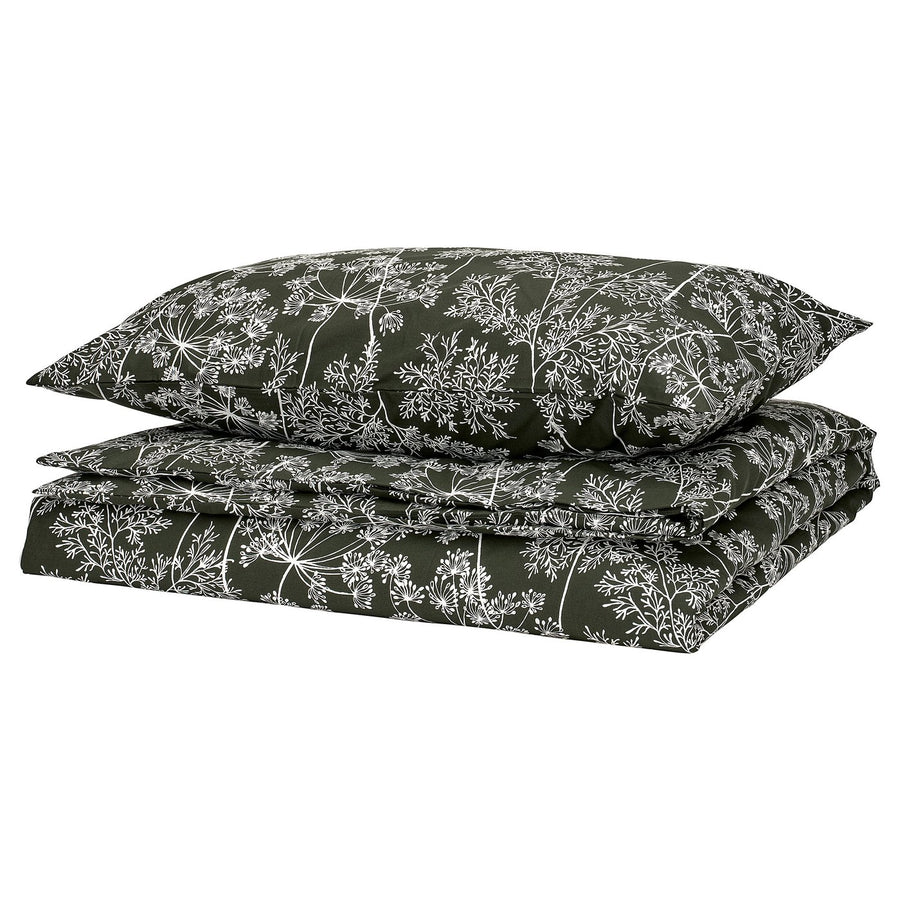 DAGGBJÖRNBÄR duvet cover and pillowcase, dark green/floral pattern, 150x200/50x80 cm