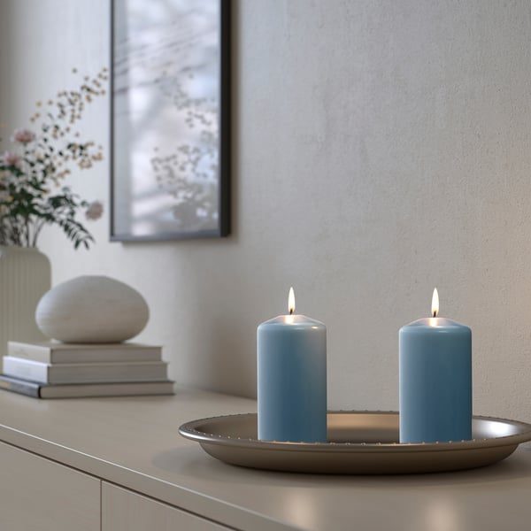 DAGLIGEN unscented pillar candle, dark grey-blue, 14 cm