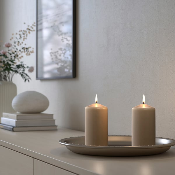 DAGLIGEN unscented pillar candle, dark grey-beige, 14 cm