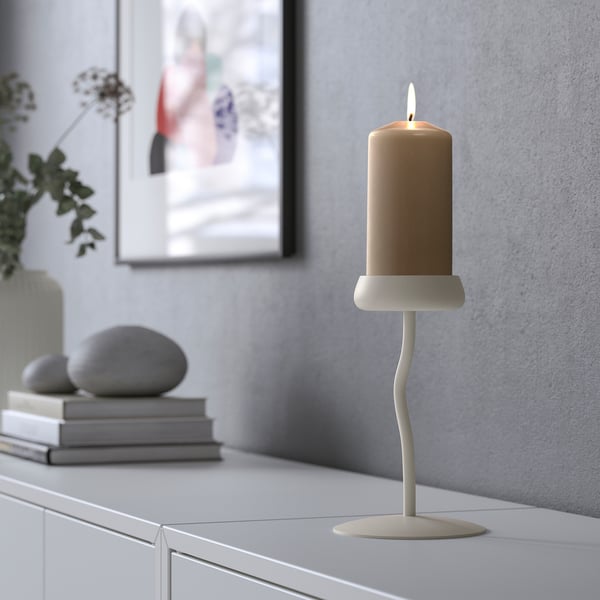 DAGLIGEN unscented pillar candle, dark grey-beige, 14 cm