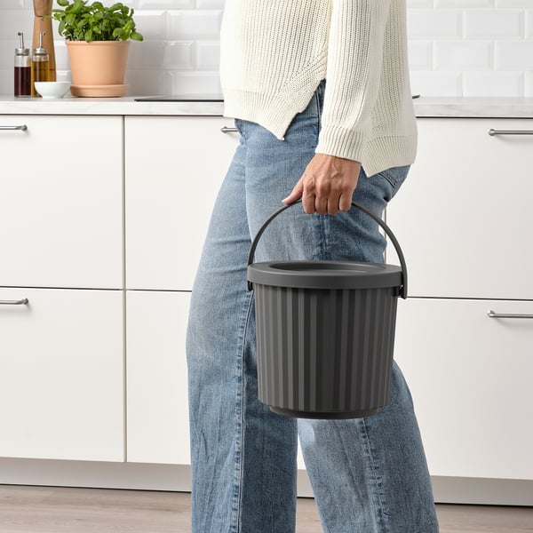 DAMMÄNG bin with lid, dark grey, 8 l