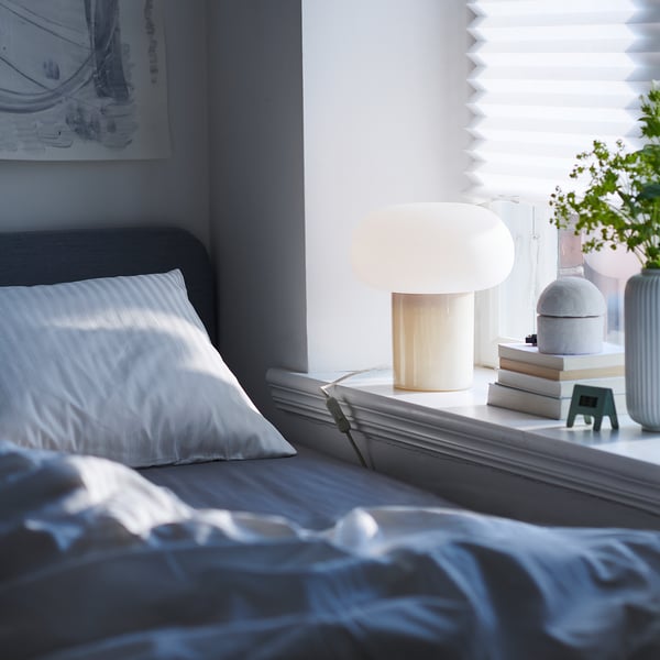 DEJSA table lamp, beige/opal white glass, 28 cm