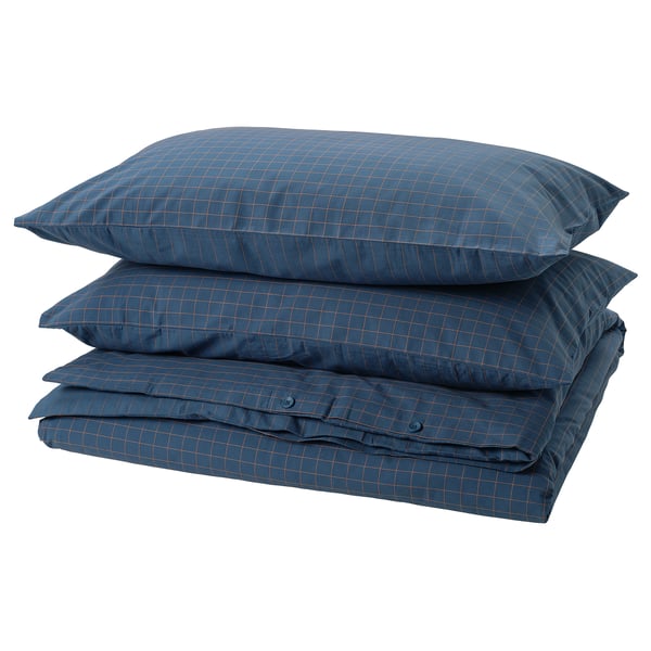 DOFTAKLEJA duvet cover and 2 pillowcases, dark blue/light brown, 240x220/50x80 cm