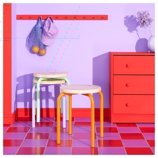 DOMSTEN stool, orange/pine, 34 cm