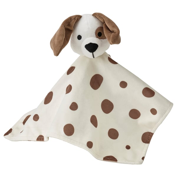 DRÖMSLOTT comfort blanket with soft toy, puppy-shaped white/brown, 30x30 cm