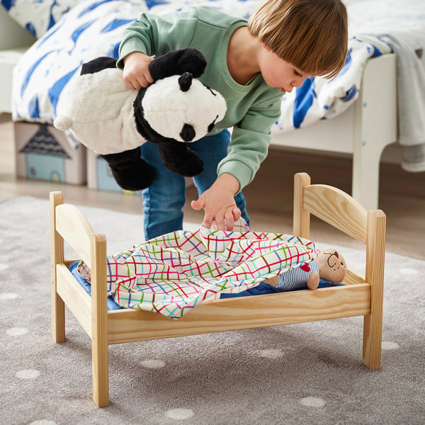 DUKTIG doll's bed with bedlinen set, pine/multicolour, 52x36 cm