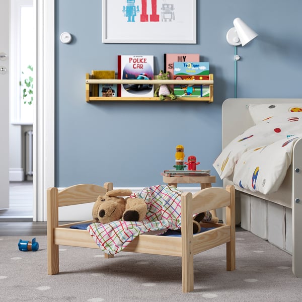 DUKTIG doll's bed with bedlinen set, pine/multicolour, 52x36 cm