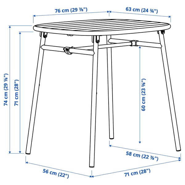 DUVSKÄR table, outdoor, black-blue/eucalyptus, 76x63 cm