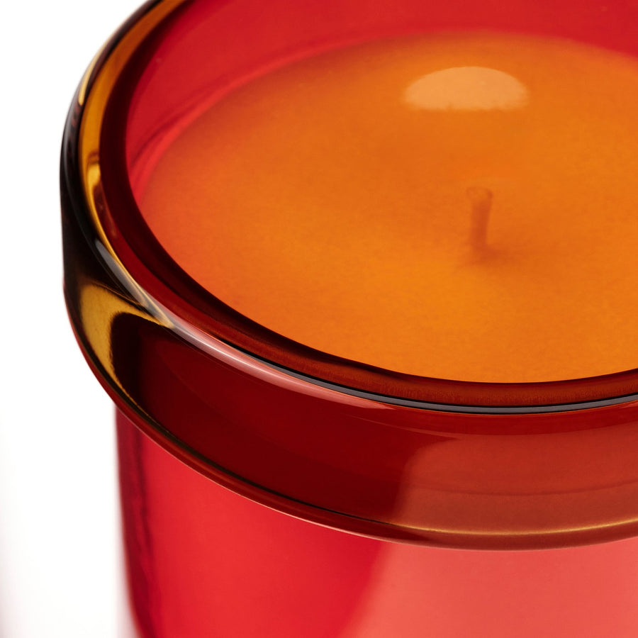 DVÄRGHÖK scented candle in glass with lid, Citrus flower red-orange/yellow-brown, 50 hr