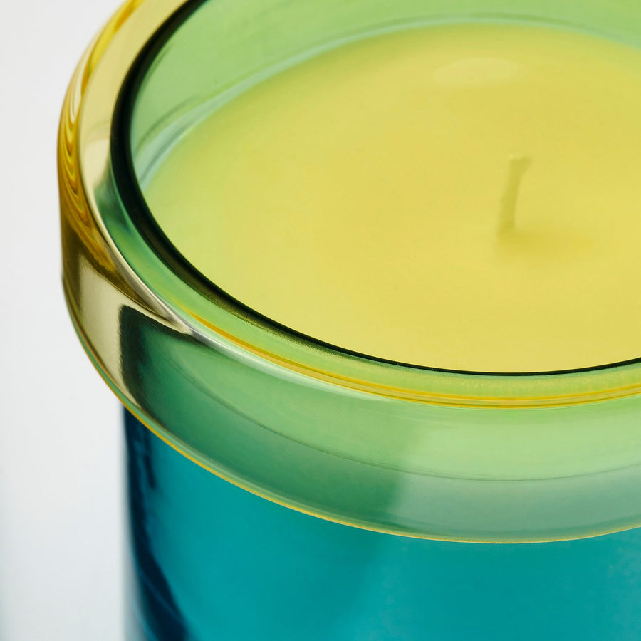 DVÄRGHÖK scented candle in glass with lid, Fig leaf blue/light yellow, 50 hr