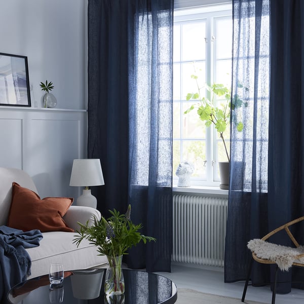 DYTÅG curtains, 1 pair, dark blue/with heading tape, 145x300 cm