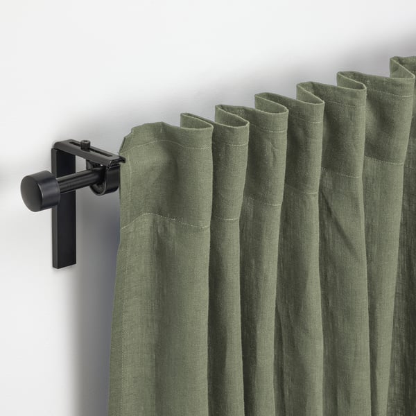 DYTÅG curtains, 1 pair, grey-green/with heading tape, 145x300 cm