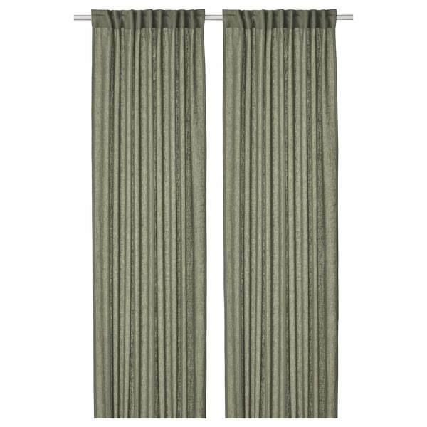 DYTÅG curtains, 1 pair, grey-green/with heading tape, 145x300 cm