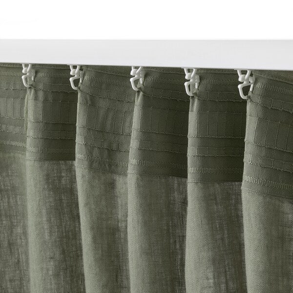 DYTÅG curtains, 1 pair, grey-green/with heading tape, 145x300 cm