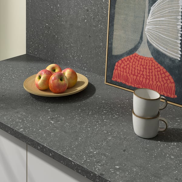 EKBACKEN worktop, grey terrazzo effect/laminate, 186x2.8 cm