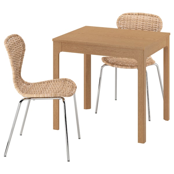 EKEDALEN / ÄLVSTA - Table and 2 chairs, oak/rattan chrome-plated,80/120 cm