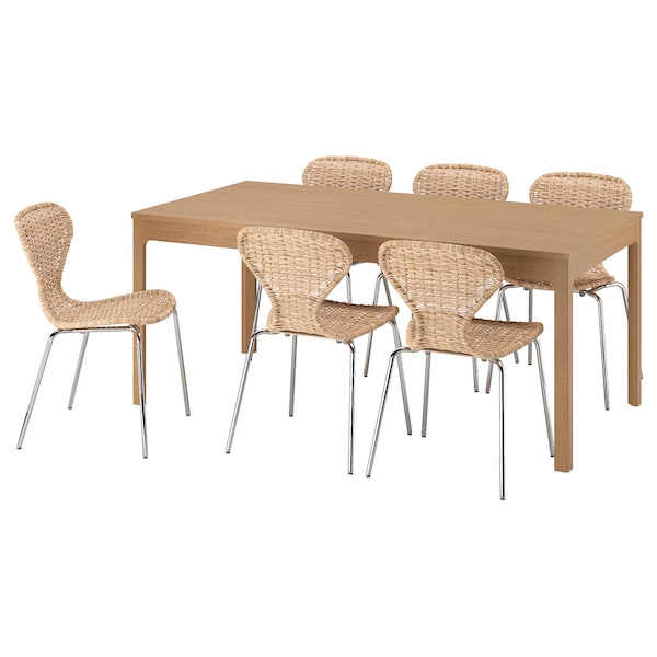 EKEDALEN / ÄLVSTA - Table and 6 chairs, oak/rattan chrome-plated,180/240 cm