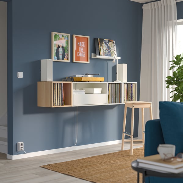 EKET media storage combination, white/white stained oak, 175x35x35 cm