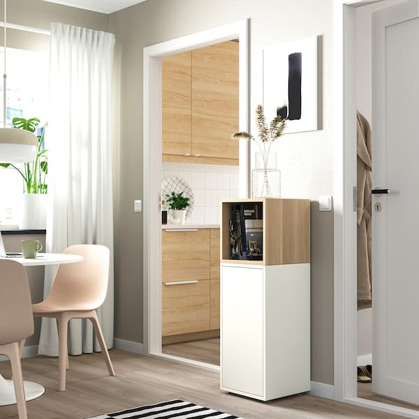 Ikea EKET - Cabinet combination with feet, white/white stained oak effect, 35x35x107 cm