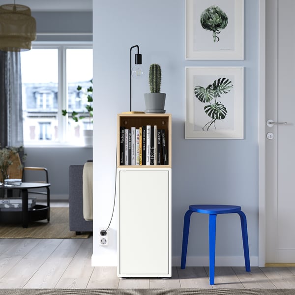 EKET cabinet combination with feet, white/white stained oak effect, 35x35x107 cm