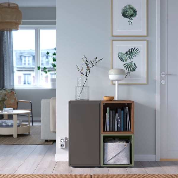 EKET cabinet combination with feet, dark grey/walnut effect grey-green, 70x35x72 cm