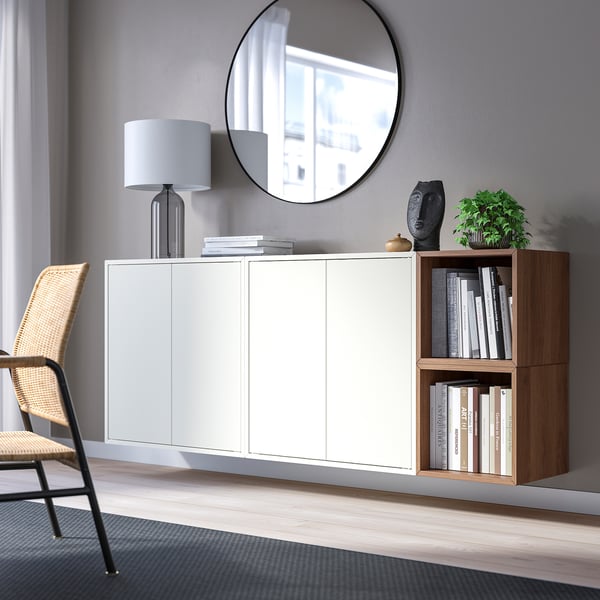 EKET wall-mounted cabinet combination, white/walnut effect, 175x35x70 cm