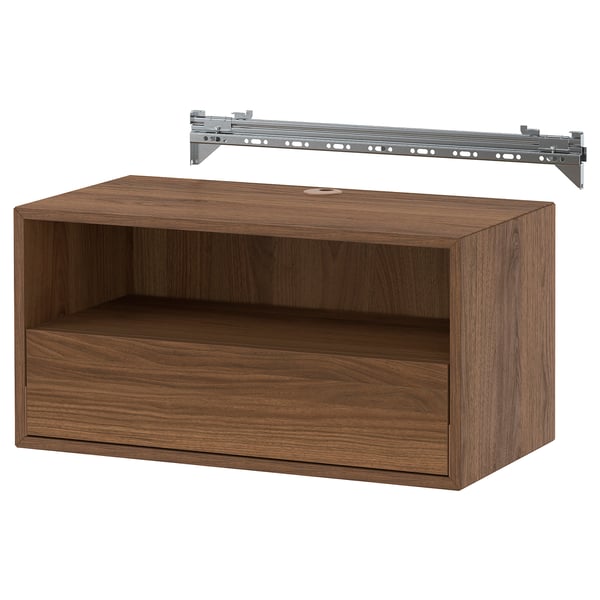 EKET wall mounted media shelf w rail, brown/walnut effect, 70x35x35 cm