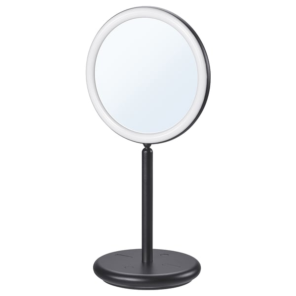 EKFÄNN table mirror w integrated lighting, dimmable/black, 20 cm