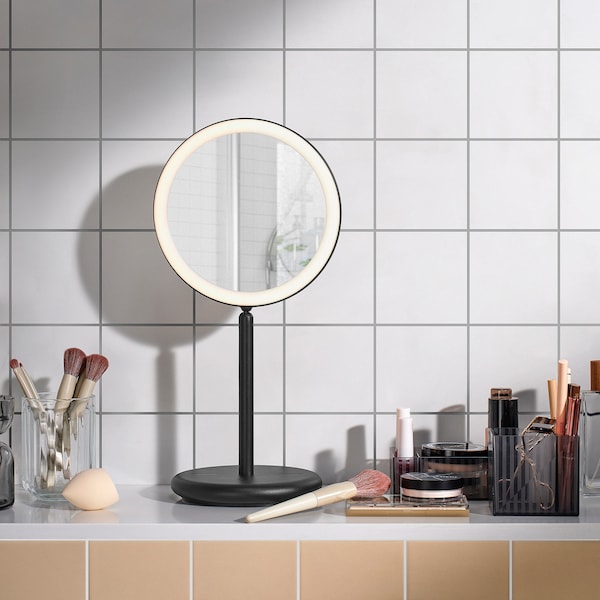 EKFÄNN table mirror w integrated lighting, dimmable/black, 20 cm