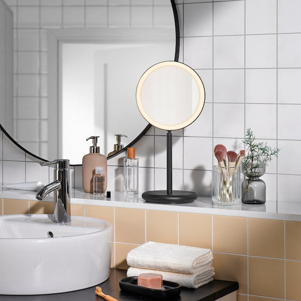 EKFÄNN table mirror w integrated lighting, dimmable/black, 20 cm
