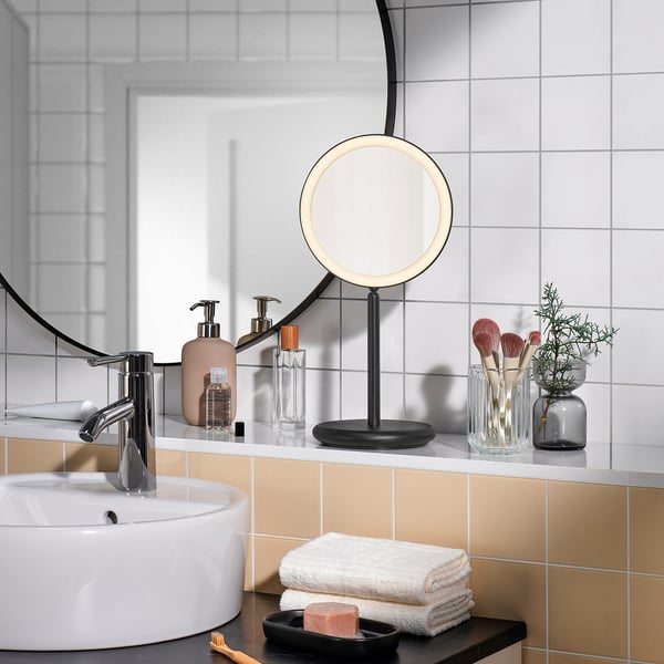 EKFÄNN table mirror w integrated lighting, dimmable/black, 20 cm