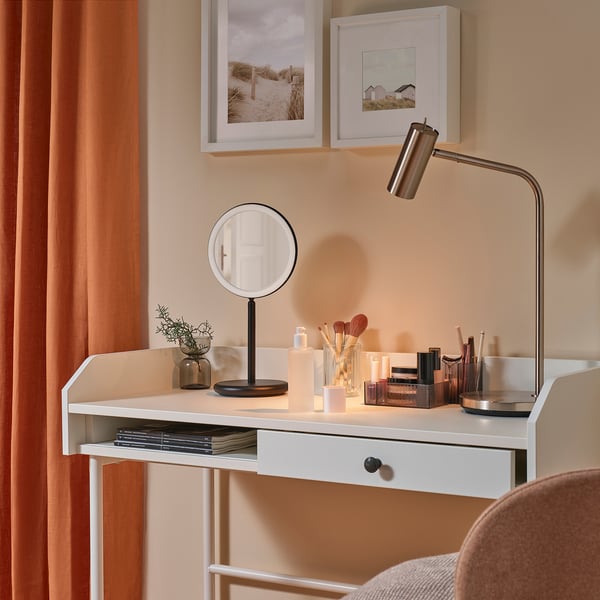 EKFÄNN table mirror w integrated lighting, dimmable/black, 20 cm